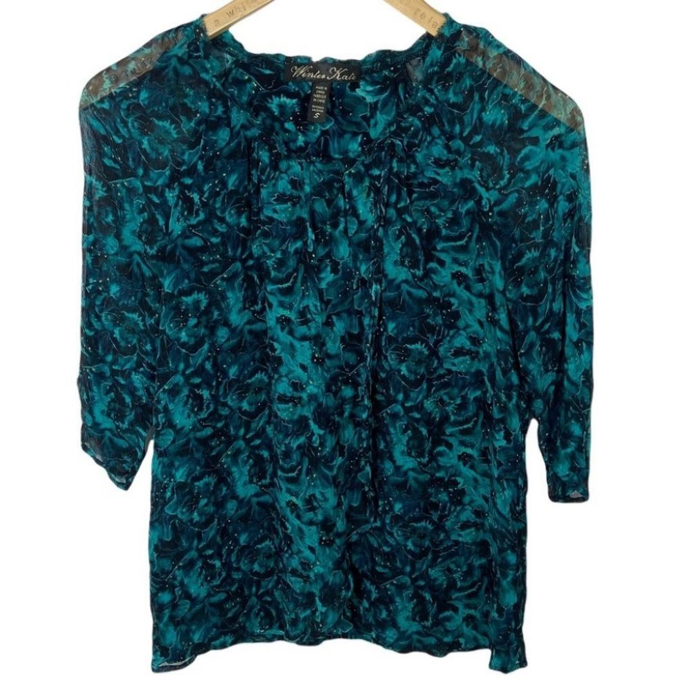 Nicole Richie Bohemian 100% Silk Blouse Size Small Winter Kate Blue Floral Top S